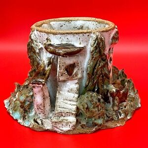 Handmade Studio Pottery Fairy House Tree Stump Votive Holder Signed Artisan
